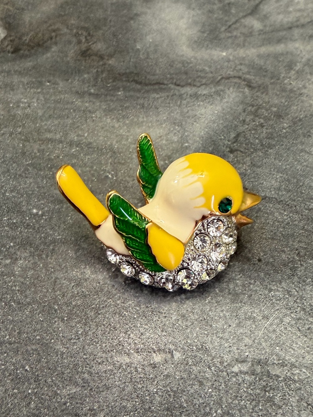 Vintage Yellow Green Enamel Pave Crystal Bird Brooch